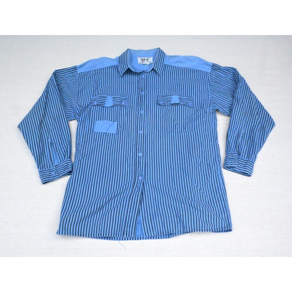 Bugle Boy Vintage 90s Size M 100% Cotton Blue Striped Button Up Shirt Relaxed